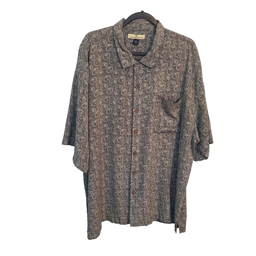 Tommy Bahama 100% Silk Camp Shirt XXL Palm Tree Geometric Coastal Beachy Boho